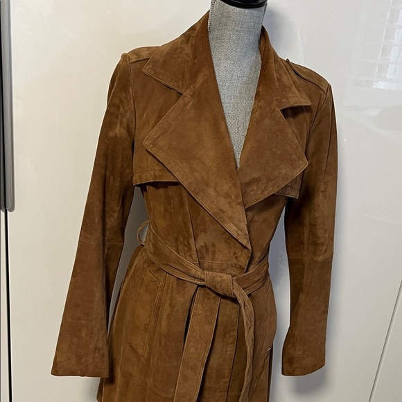 SUEDE Michael Kors Dark Tan Brown Trench Coat Belted Fully Lined, Size M - Picture 2 of 15